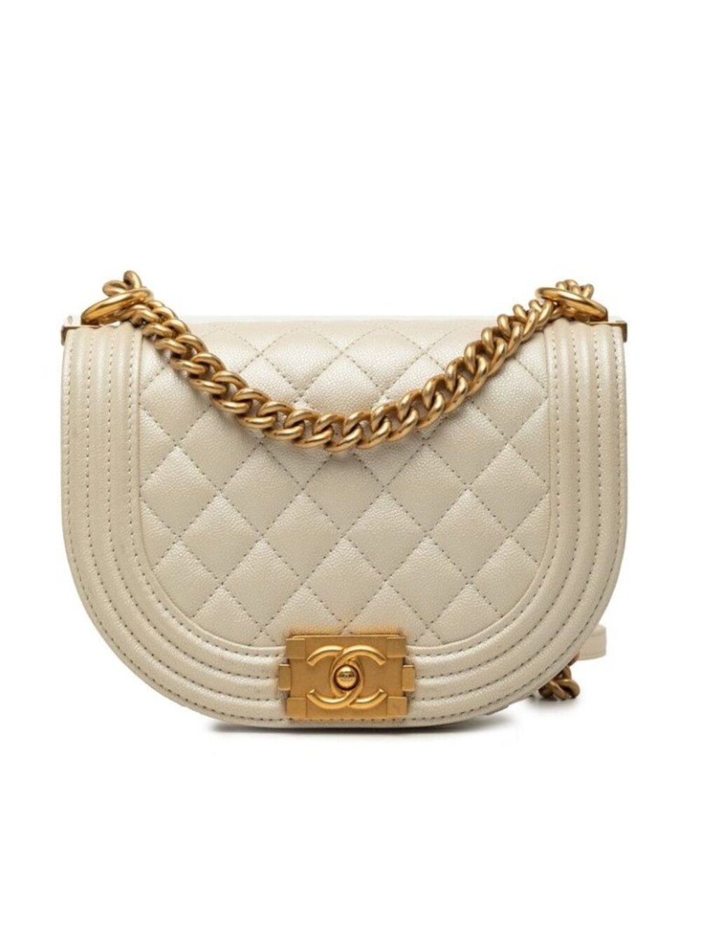 Chanel CC Logo Boy Chain Shoulder Bag White Ivory Gold Caviar Leather